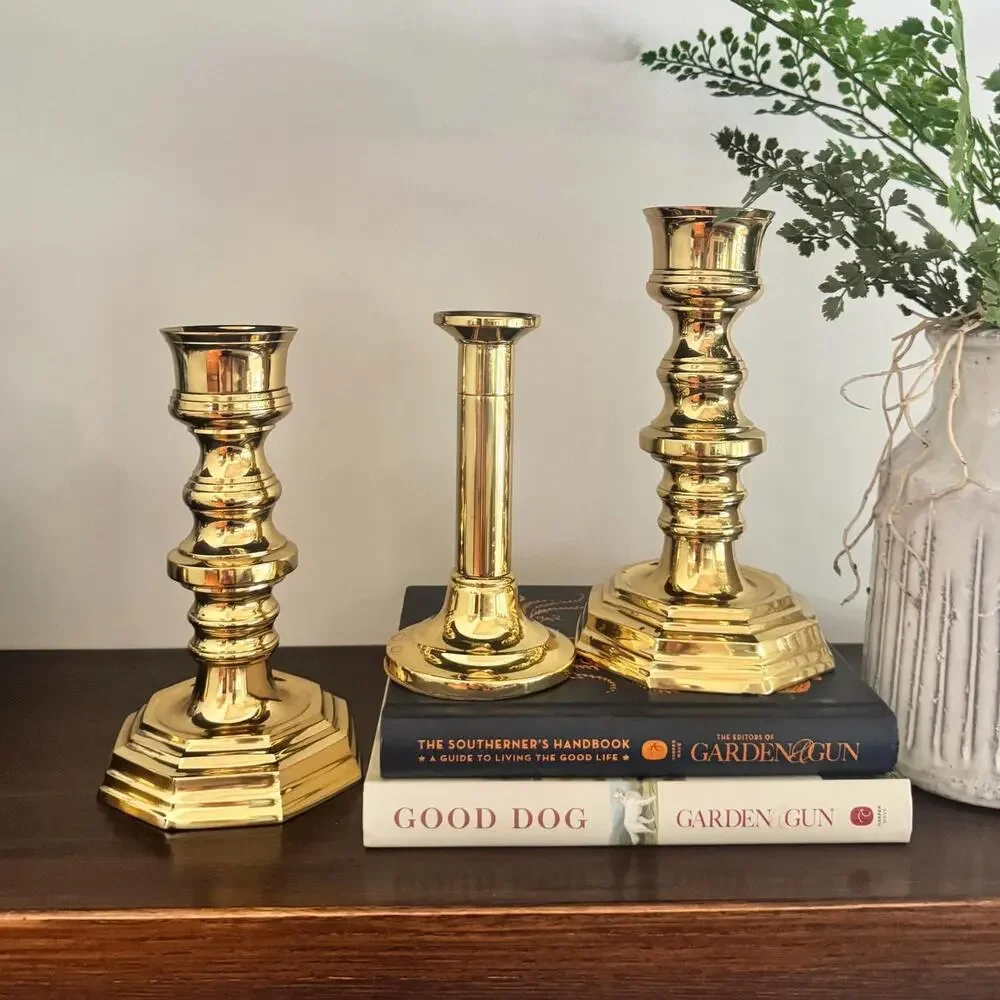 Vintage Mixed Set Solid Brass Beehive & Column Candleholders (3)